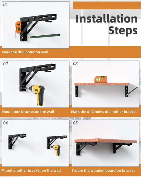 Installation steps for Heavy Duty 8 Inch Foldable Shelf Brackets For Diy Folding Tables Rock Solid Steel Build Supports 300 Pounds.