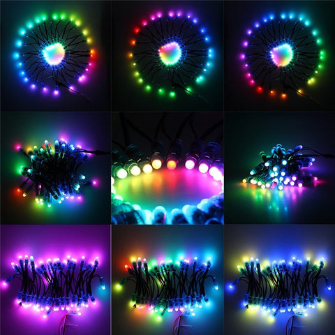 Collage of Lit 500 Pack WS2811 LED Pixel String Lights, 12mm Round, Waterproof IP68, 12V, vibrant full color RGB LEDs display
