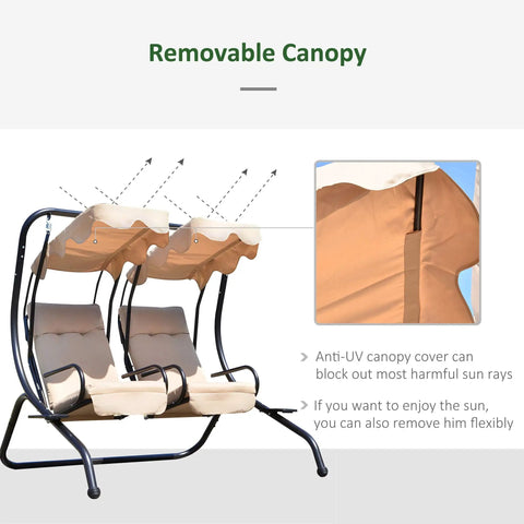 Double Seat Outdoor Patio Swing With Removable Canopy And Cup Holders, Perfect For Porch Or Garden And Poolside Hangouts, Sturdy Backyard Relaxer In Beige