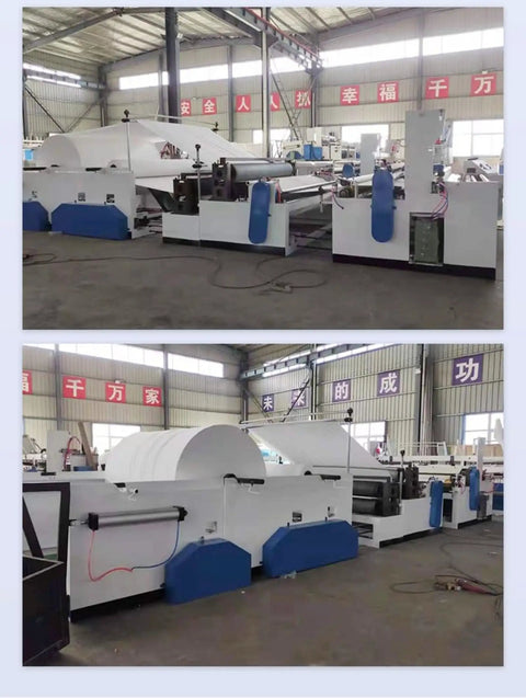 Heavy Duty Compact Toilet Paper Making Machine Full Throttle Rewinder Embosser Cutting Rig in industrial workshop.