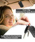 2 Pack 3 Button Universal Garage Door Opener Remote With Learn Button Colors Purple Yellow Red Orange Green Works With LiftMaster Chamberlain Craftsman Sears Raynor AccessMaster Visor Clip Or Mini Keychain shown on a visor and keychain.