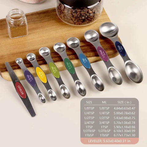 Stainless Steel Magnetic Measuring Spoons Set Eight Piece Dual Sided And Stackable Teaspoon And Tablespoon Measures With Leveler