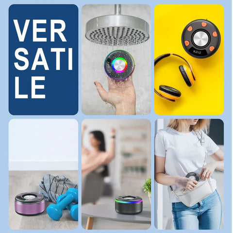 Collage of Portable Waterproof Bluetooth Speaker With HD Sound And Lit LED Display IPX7 Shower Speaker with various uses.