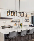 Six Light Modern Farmhouse Kitchen Island Pendant Light With Black Metal Frames And Wood Accents Big 50 Inch Chandelier