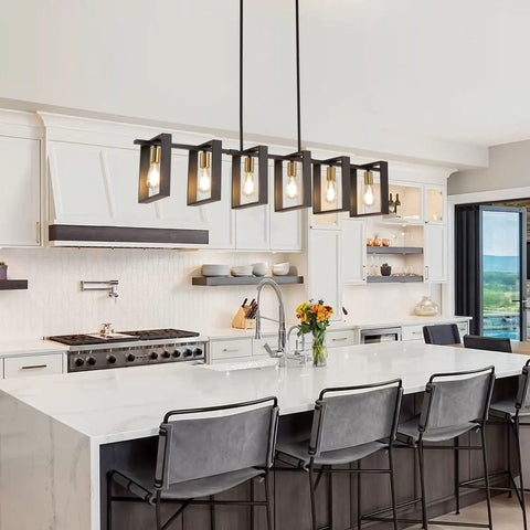 Six Light Modern Farmhouse Kitchen Island Pendant Light With Black Metal Frames And Wood Accents Big 50 Inch Chandelier