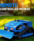 Blue 9 HP Gas RC Robotic Lawn Mower with Snow Plow for remote control lawn care, tracks visible, ideal for commercial use