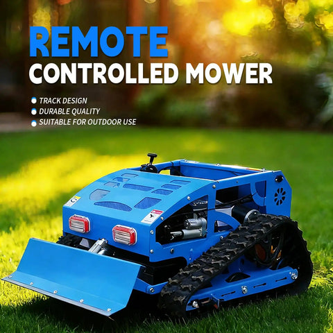 Blue 9 HP Gas RC Robotic Lawn Mower with Snow Plow for remote control lawn care, tracks visible, ideal for commercial use