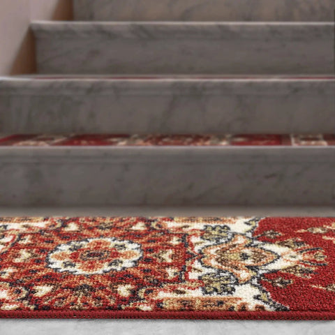 Non Slip Stair Treads Set Of 13 Oriental Peel And Stick Alfombras in Bold Red on concrete stairs, 8x30 inches