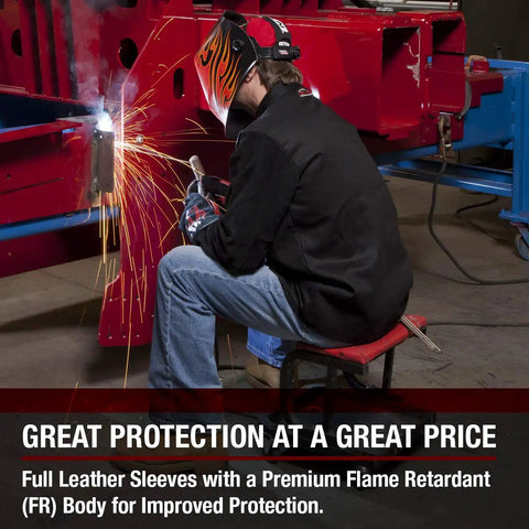 Welder using Unisex Welding Jacket With Split Leather Sleeves Black 3X Large US, sparks flying while working metal
