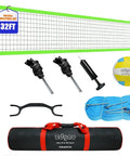 Portable Backyard Volleyball Set With Durable Net All Weather Construction Includes Pump Wrap Yarn Volleyball Boundary Lines Carry Bag Classic Blue Green Easy Setup For Instant Play shown with net, pump, volleyball, and carry bag