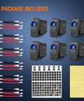 Package includes Six Piece Five Pin SPST Rocker Switch Kit with jumper wires, night glow stickers, for trucks, boats, auto and motorcycles.
