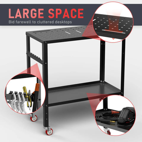 Heavy Duty Welding Table Workbench With Rock Solid 1200 Pound Capacity Plus 36 By 18 Inch Surface Rust Proof Finish Made For Busy Shop Floors Garage Crews And Fabricators Built To Last, showing spacious design with tools.