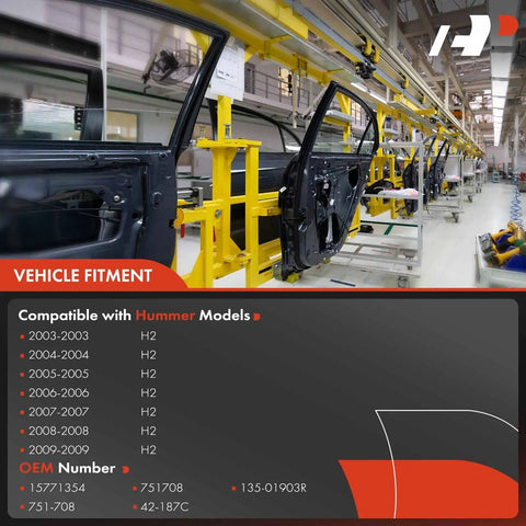 Factory line with Hummer H2 2003-2009 rear right door, compatible power window regulator with motor specifications displayed.