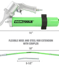 Beefy Heavy Duty Pneumatic Grease Gun With 6000 PSI, 18 Inch Hose, Coupler shown alongside dimensions of 14 and 5-1/2 inches