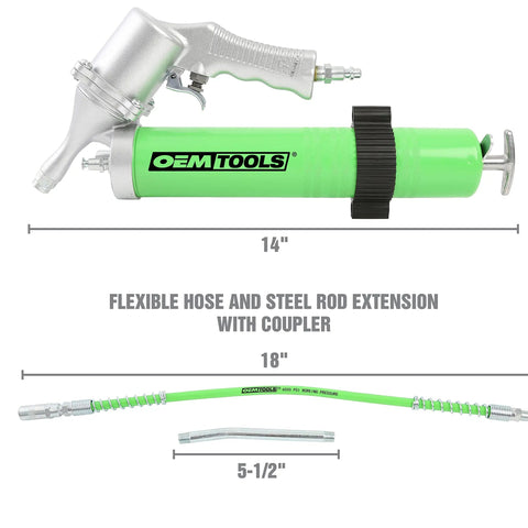Beefy Heavy Duty Pneumatic Grease Gun With 6000 PSI, 18 Inch Hose, Coupler shown alongside dimensions of 14 and 5-1/2 inches