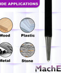 Set Of 5 Round Head Center Punches For Metal And Woodworking Projects next to images of wood, plastic, metal, and stone applications.