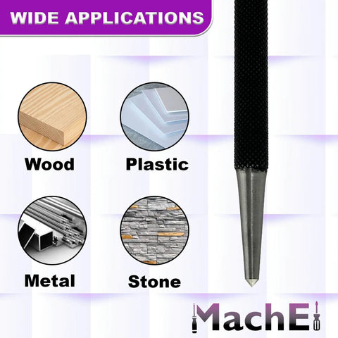 Set Of 5 Round Head Center Punches For Metal And Woodworking Projects next to images of wood, plastic, metal, and stone applications.