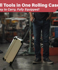 Person pulling the All In One 515 Piece Aluminum Trolley Tool Set on wheels in a garage setting.