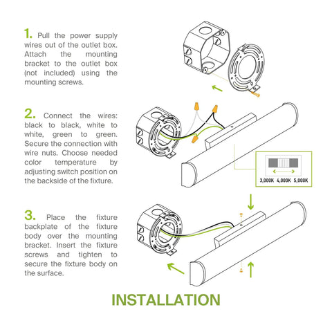 Installation guide for 18 Inch LED Linear Vanity Light Fixture, detailing wiring and mounting over mirror with 3 color temperatures.