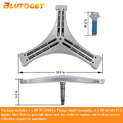 Washer Flange Shaft Assembly Kit For Samsung DC97-15491A Beefed-Up Replacement With DC60-40137A Spider Hex Bolts 6 Pack Replaces 2077008 PS4220876 EAP4220876