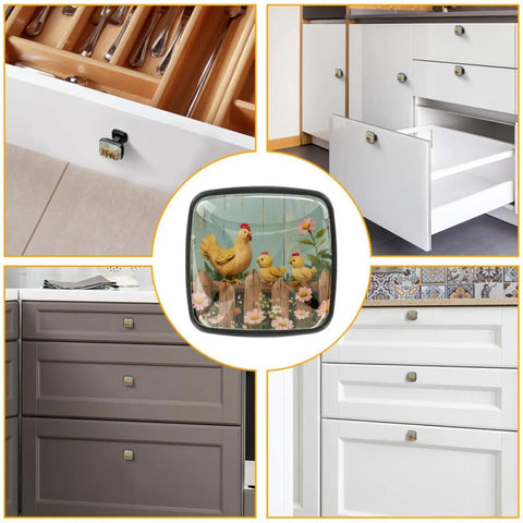 Four Pack Square Drawer Knobs With Spring Flower Chickens Fence Design In Black For Cabinets and Closets