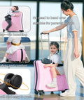 Amazon pink kids’ ride-on suitcase with wheels and extendable handle; front view of child sitting on luggage.