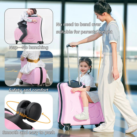 Amazon pink kids’ ride-on suitcase with wheels and extendable handle; front view of child sitting on luggage.