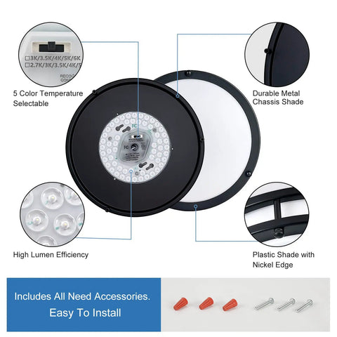 65W Dimmable LED Flush Mount Ceiling Light With Remote, 32 Inch Oval Black fixture, details of chassis, shade, and installation parts
