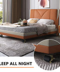 IRENPORU 6-pack heavy-duty locking bed casters with black wheels and brass hardware on an orange upholstered bed frame