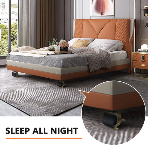 IRENPORU 6-pack heavy-duty locking bed casters with black wheels and brass hardware on an orange upholstered bed frame
