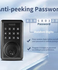 Keyless Entry Door Lock And Handleset In Matte Black With Electronic Keypad Deadbolt showing anti-peeking password feature.