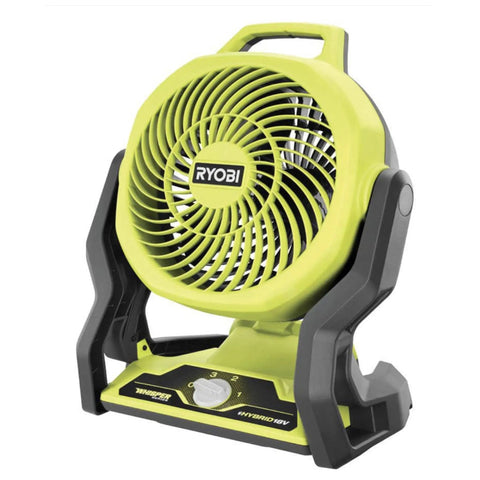 Ryobi 18V Cordless Hybrid Portable Fan Bundle With Seven And A Half Inch Blade shown front view with handle and pivot head.