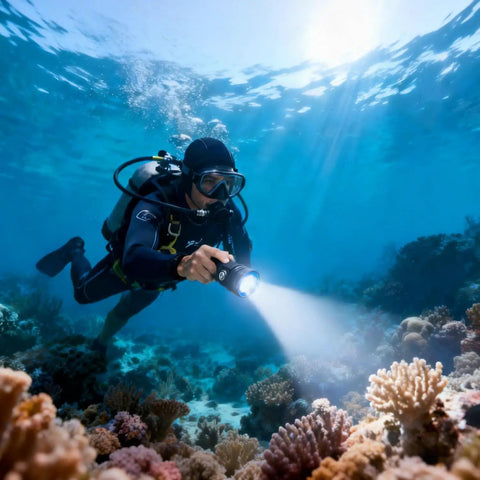 Diver using Beast Bright Dive Light Underwater Flashlight 1500 Lumens with Charger IPX8 Waterproof to 100m among coral reefs