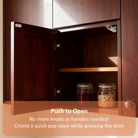 Push To Open Door Latch Kit 5 Pack Non Magnetic Heavy Duty Hidden Door Push Release installed on wooden cabinet