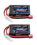 2S 1500mAh 7.4V 35C LiPo Shorty Battery Pack With Dean Style T Plug for RC racing vehicles, showing two battery units.