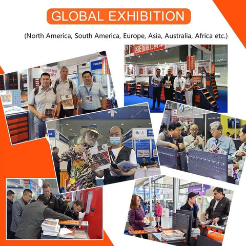 Global exhibition with various international participants showcasing CNC tool racks and related products.