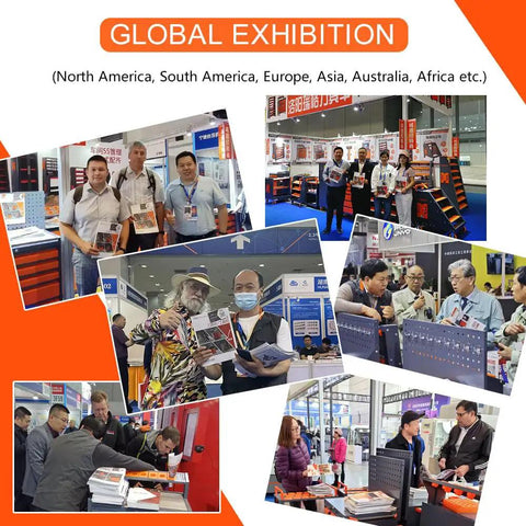 Collage of global exhibition scenes with various participants and displays, showcasing tool storage solutions in different regions.