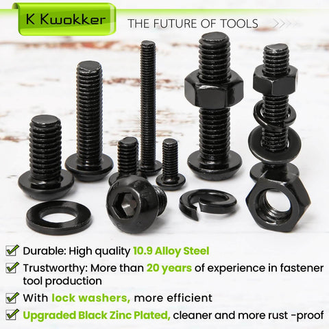 Close-up of All In One 1160Pcs M3 M4 M5 M6 Nuts And Bolts Kit With Lock Washers Zinc Plated Hex Button Head Screws 12.9 Alloy Steel Fasteners Set