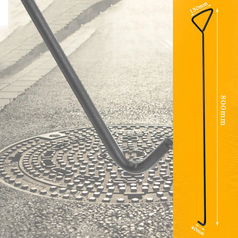 Two Piece 80 Centimeters Manhole Hook Lifter Set Heavy Duty Lifting Hooks For Manhole Covers And Storm Drains, shown lifting cover