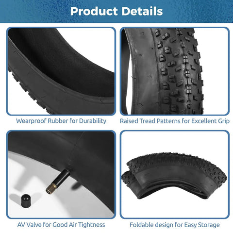 26 X 4.0 Fat Bike Tire Set With Inner Tube, AV Valve, And Levers, Puncture Resistant Replacement Kit for snow and sand riding.