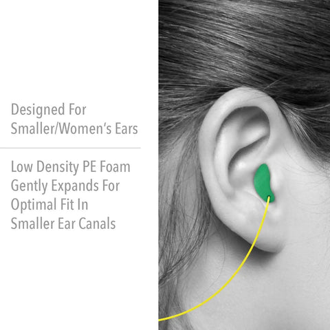 Low Pressure Corded Disposable Foam Earplugs For Smaller Ears With Gentle Expansion, Smooth Skin, shown in ear, green.