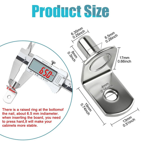 Heavy Duty Nickel Plated Shelf Pins 50 Pack 1/4 Inch L Shaped Cabinet Pegs with size measurements showing durability.