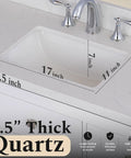 Close-up of 1.5 inch thick quartz surface with a rectangular sink; part of Modern 84 Inch Double Sink Bathroom Vanity In Crisp White Featuring Durable Quartz Top And Ample Storage Drawers Slick Solid Wood Build That Is A Certified Game Changer For Every Home Reno.