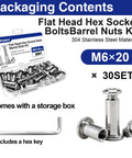 Packaging of 30 Sets M6 X 20mm Barrel Nuts And Bolts Kit with hex key, flat head hex socket screws in 304 stainless steel for DIY use.
