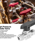 Three high-pressure needle valves on stainless steel piping; foreground gray-handled valve, background red-handled valves