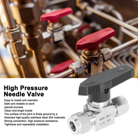 Three high-pressure needle valves on stainless steel piping; foreground gray-handled valve, background red-handled valves