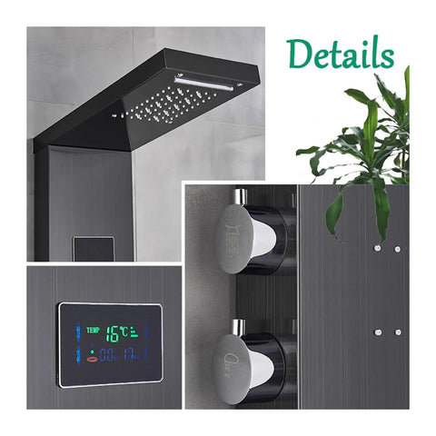 Top Shelf Matte Black Thermostatic Shower Tower Designed To Impress With Glowing LED Temp Monitor and oversized rainfall head detail