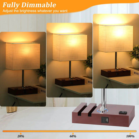 Fully Dimmable Bedside Lamp With USB Charging Station And Built In Outlet Small Chill Wood Table Lamp with adjustable lighting