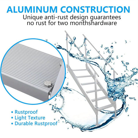 Hella Durable Pro Grade 6 Step Dock Stairs Featuring Rock Solid Dual Handrails and Oversized Slip Resistant Treads. Rustproof aluminum construction.