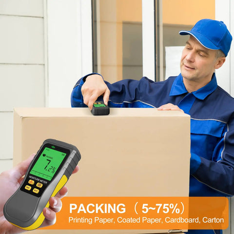 Pinless Digital Wood Moisture Meter Real Deal Non Destructive Induction Moisture Detector For Drywall Lumber And Building Materials Easy Read Backlit LCD With Audible Alert Three Color Indicator measuring cardboard box